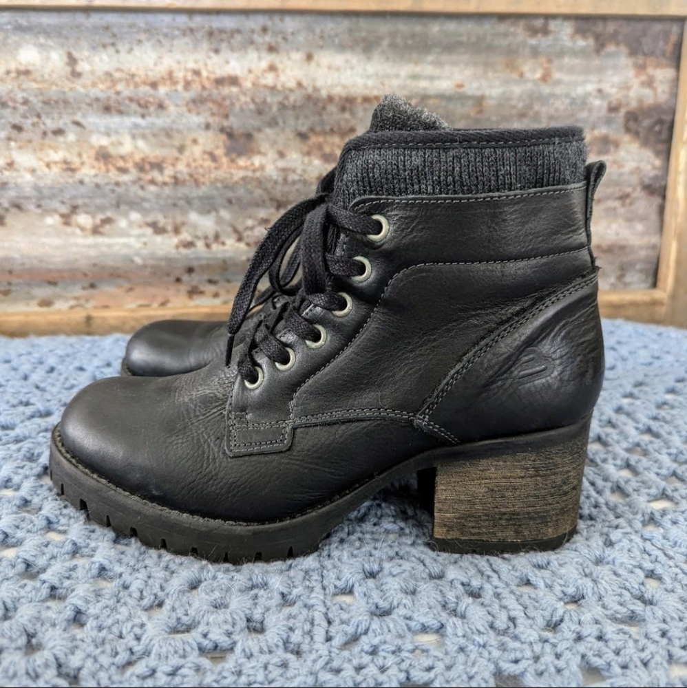 BullBoxer Carmen Combat Biker Boots W 9M/39 Black Leather Lined Chunky Heel